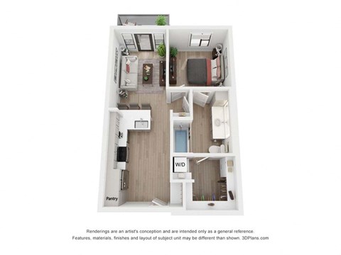 Floor plan for 1 bed, 1 bath, 613 sqft